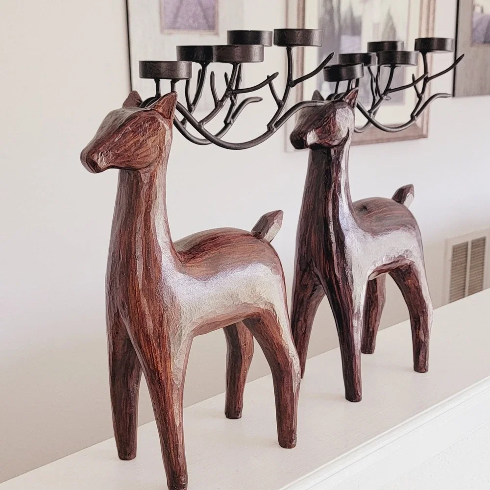 Reindeer Candle Holder Set 5 Tealight‎ Candles Faux Wood/Metal Christmas Holiday